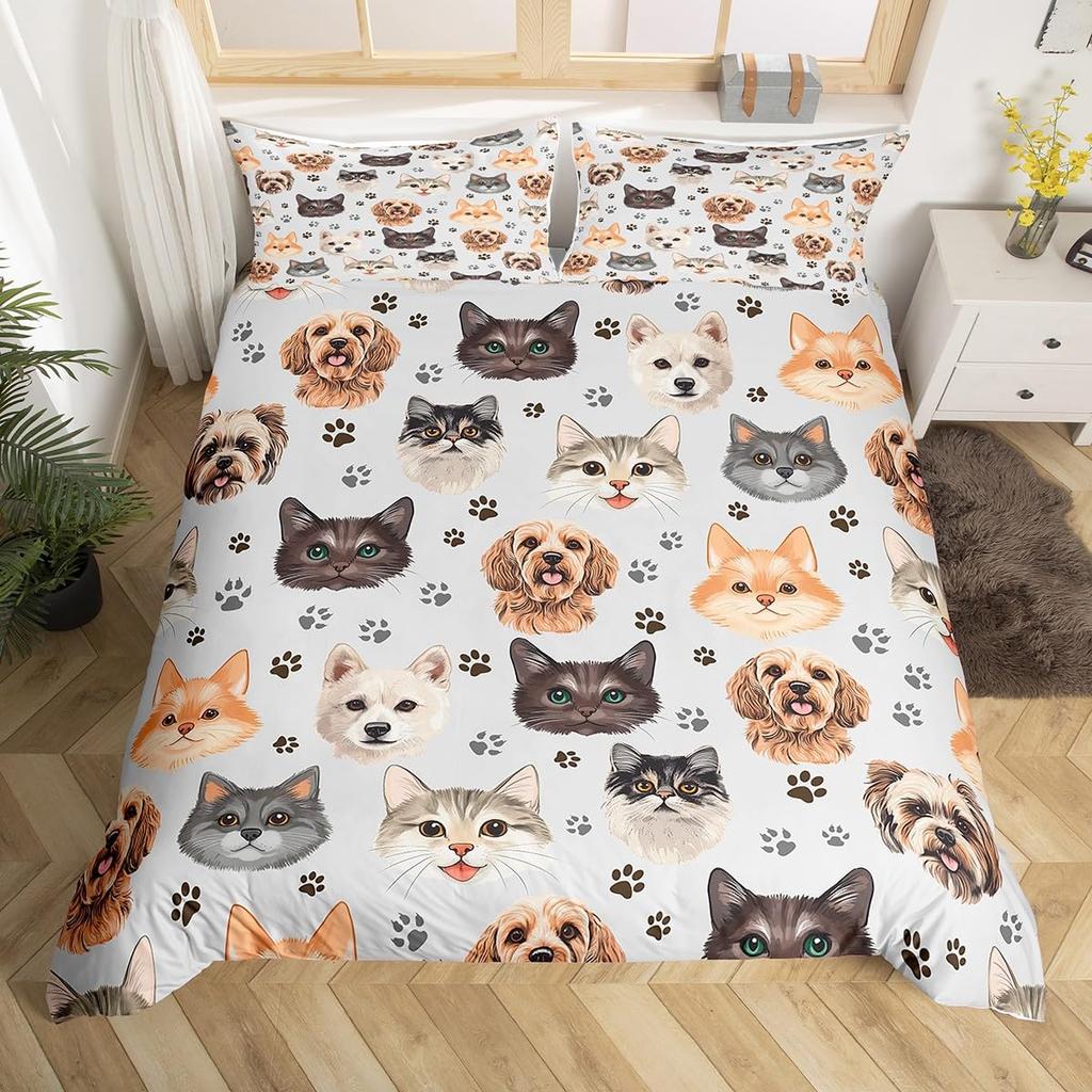 Roztomilý potisk kočičí tlapky Povlak na peřinu Kawaii kočky Sada povlečení Zábavný koťátko Ryba Potah na přikrývku Kreslené zvíře Polyesterový potah na přikrývku