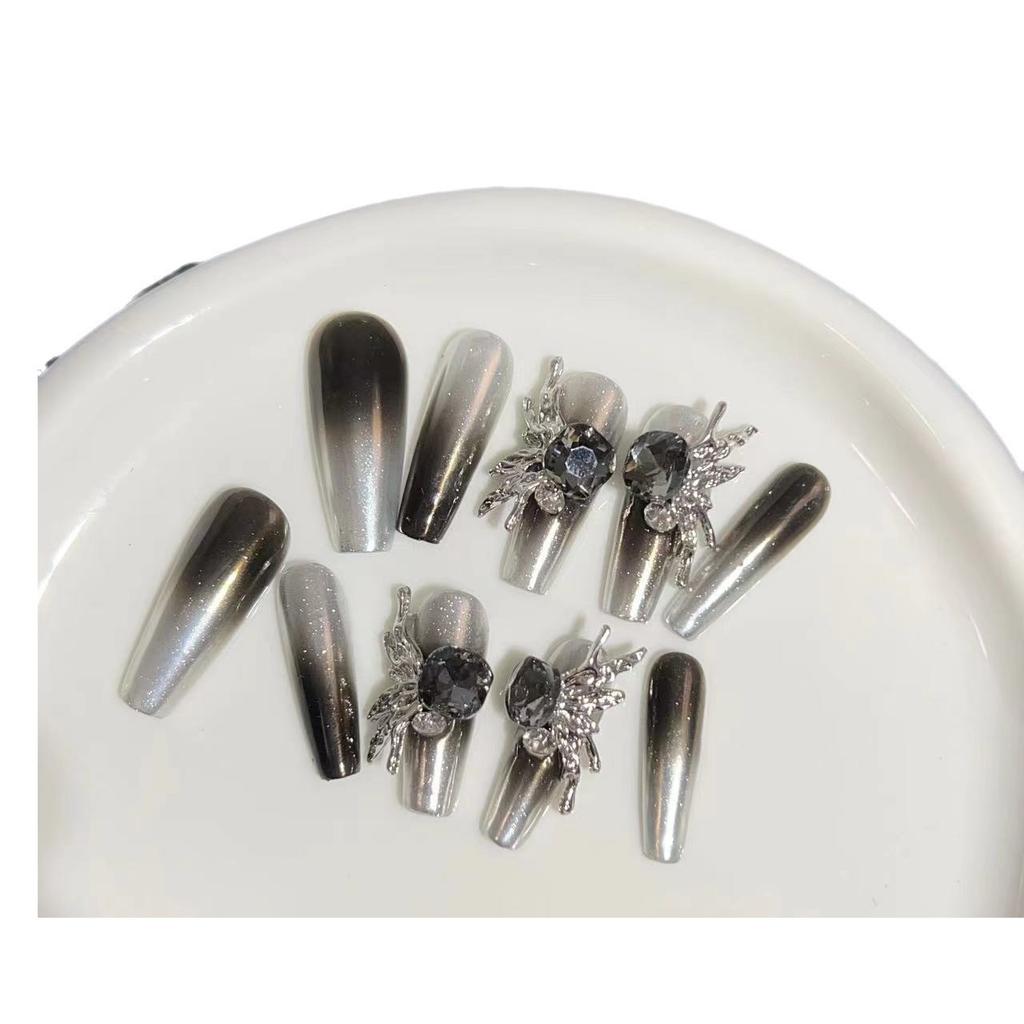 Wearing Armor Pure Handmade Manicure Finished Fake Nail Patch Magic Mirror Black French Metal Angel Wings