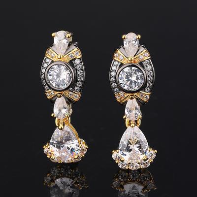 Zweifarbige Schwarz-Gold-Hängeohrringe für Damen, Multi-Birnen- & Rundzirkonia, Vintage-Luxusschmuck für Party-Jahrestagsgeschenk
