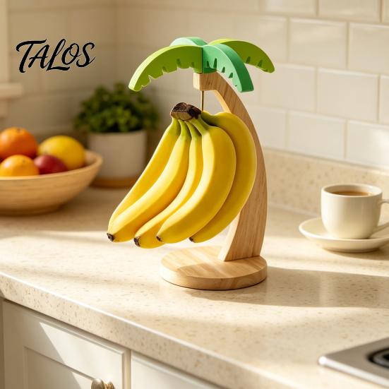 Tropical Kitchen Decor Wooden Banana Hanger, Coconut Tree Shape, with Metal Hook, Fruit Stem Hanger Theme Stable Base Rack, for Countertop Solid Wood