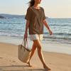 Women Henley Button Neck Short Sleeve Cotton Linen Shirt with Chest Pocket Loose Fit Casual Top for Daily Office Wear