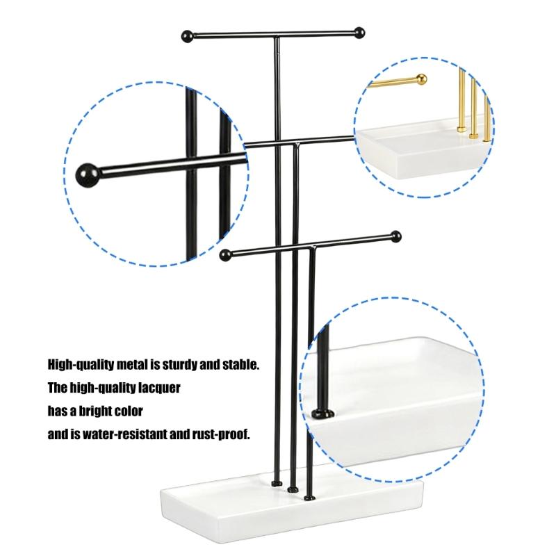 Multifunctional Metal Jewelry Stand Featuring Hook and Trays for Neat Arrangement of Necklaces Bracelets Rings