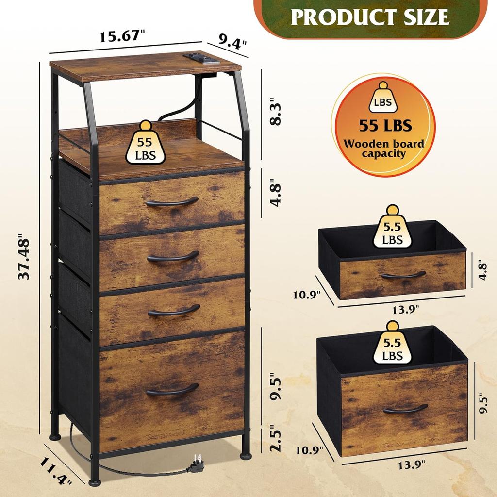 4-Drawer Dresser, 37' Tall Nightstand with Charging Station, LED Light, USB & Outlet, Fabric Bins, Wood Shelf, Rustic Brown