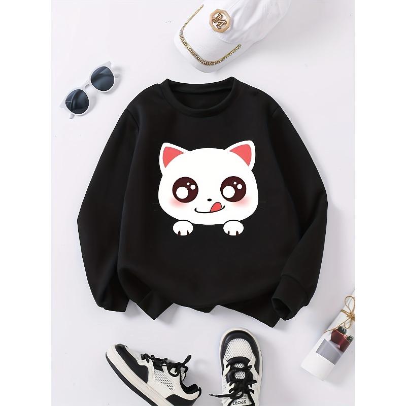 Girls' Fashion New Knit Sweatshirt with Cute Cat Print, Spring/Autumn Clothing