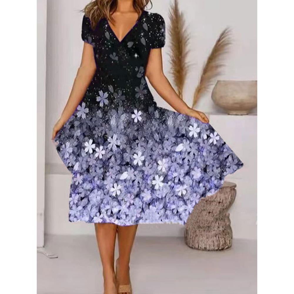 JPNTKY Women's Fashion Summer Spring Floral Print Short Sleeve V-Neck Casual Dresses