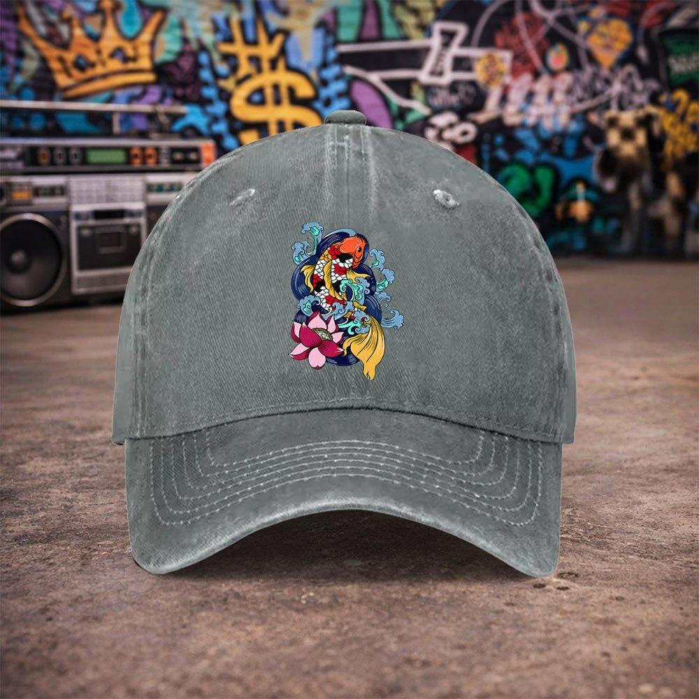 Pc Unisex And Wind Koi Lotus Vintage Washed Baseball Cap  UnisexS Trendy Hat  Versatile Duckbill Cap  Fun Print  Unique Birth