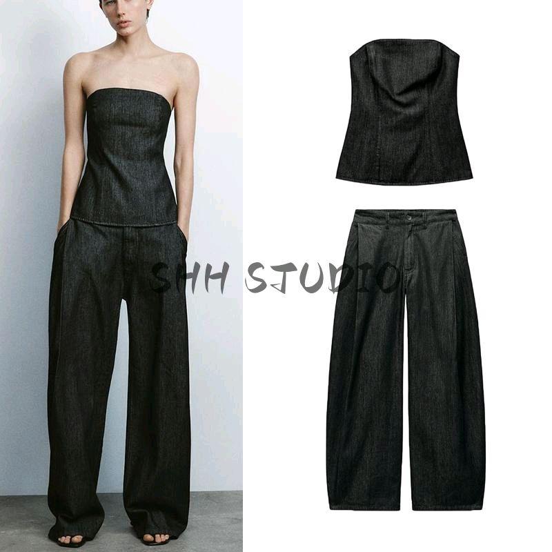 Spring New Women's Clothing Denim Strapless Chest Wrap Tops 6929263 Denim Effect Pleated Pants 6929213