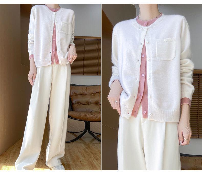 Women's 100% Wool Cardigan, Fake Two-Piece, Slimming Round Neck, Lazy Style Sweater Coat for Spring & Autumn