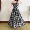 2026 European and American summer new casual style split slanted shoulder design irregular plaid suspender dress women