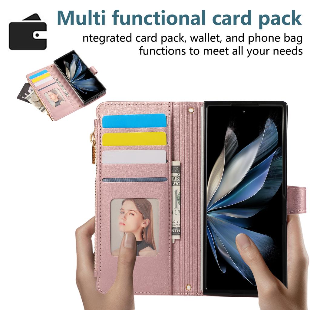 For Samsung Galaxy Z Fold6 5G Case Multi Card Slots Zipper Rhombus Leather Phone Cover with Wrist Strap
