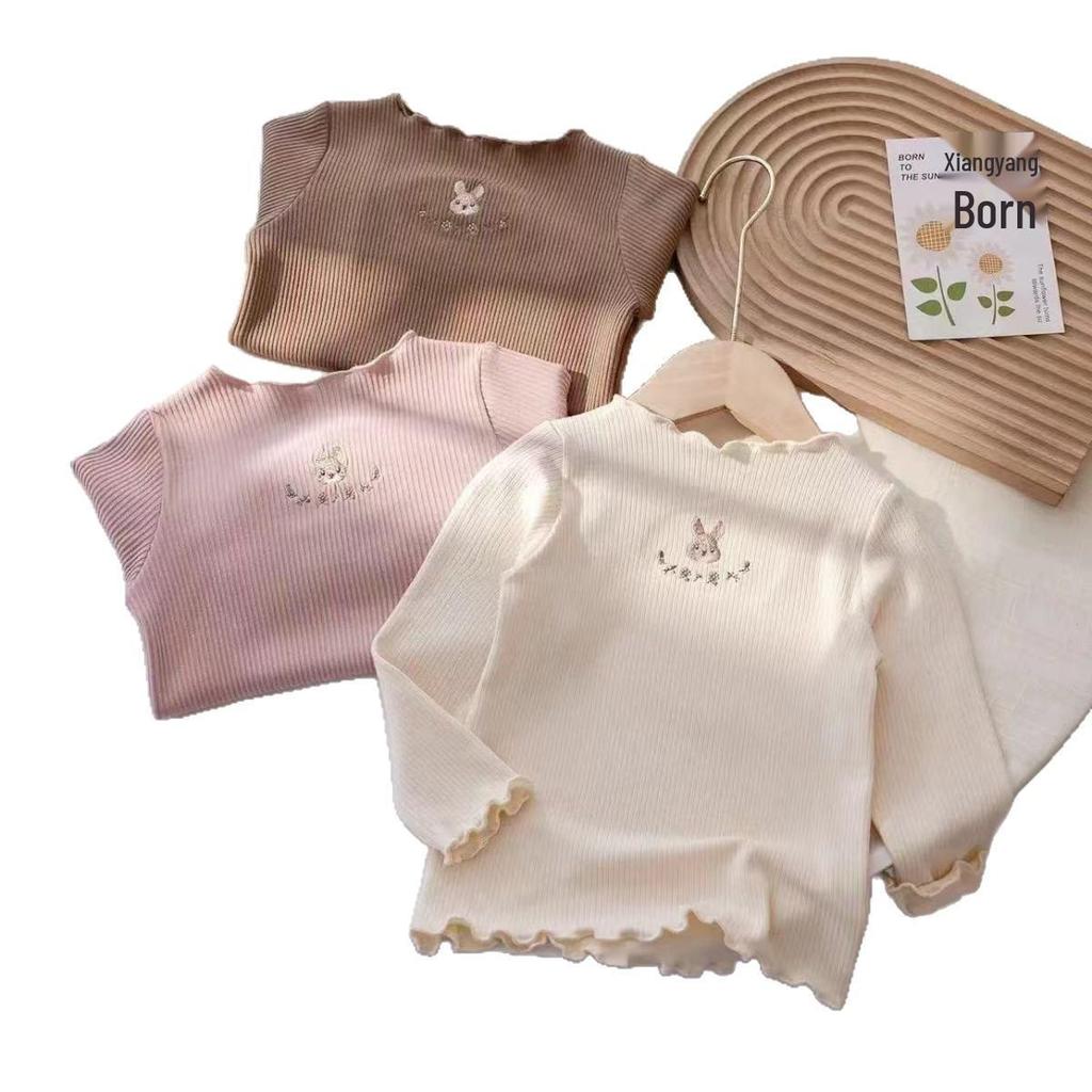 Girls' Cute Rabbit Embroidered Long-Sleeve T-Shirt - Versatile Base Layer for Spring/Autumn