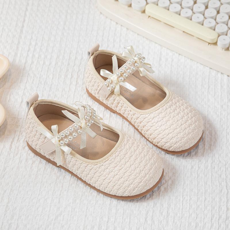 Girls Pearl Bow Decor Single Strap Woven Soft Sole Elegant Mary Jane Flats 26 белый