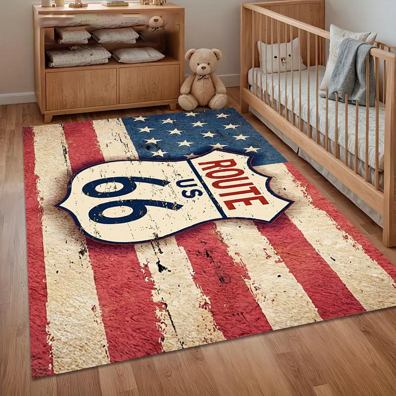 Tappeto Americano Route 66 con Stampa Bandiera, Morbido Tappetino Vintage per Soggiorno Camera da Letto Decorazione Casa Patriottica Industriale
