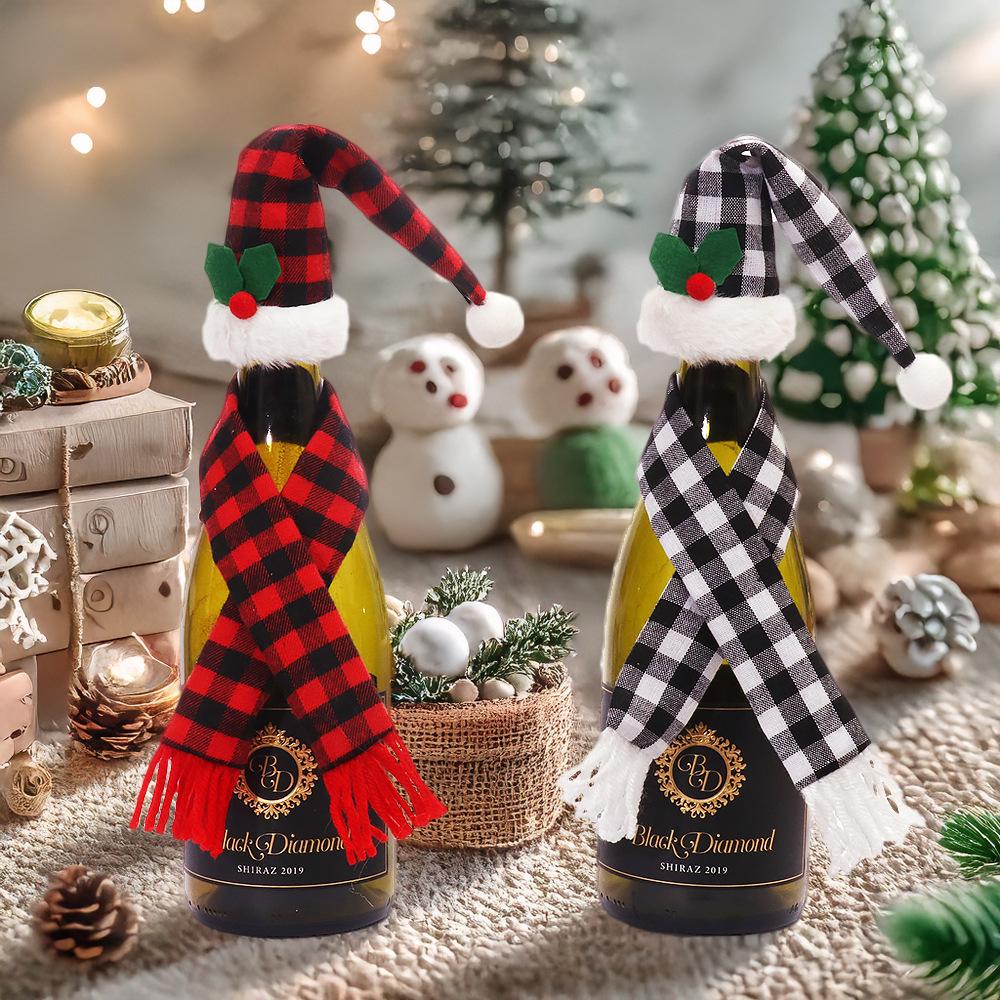 Festive Gingham Wine Bottle Covers - Tabletop Christmas Decoration Set