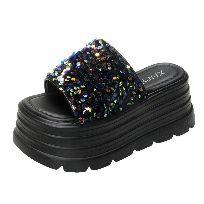 Fashion 8.5cm Synthetic Slip On Platform Wedge Fashion Sandal Bling ROME Ladies Beach Shoes Peep Toe Pumps Summer Slippers Fashion Shoes