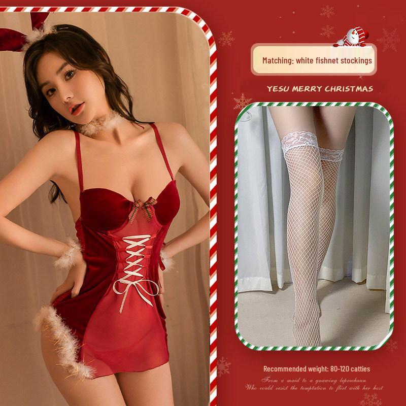 Seductive See-Through Halter Lingerie: Christmas New Year Plush Tie-Up Padded Set