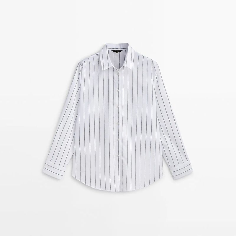 

MD Women s Autumn French Style Leisure Commute Plaid Cotton Blended Blue Wide Striped Shirt Female 05148503400 White L