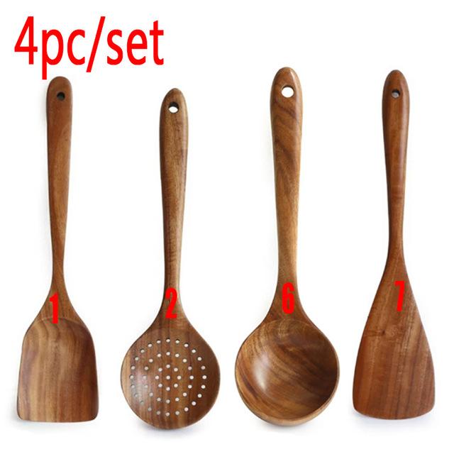 1-7pcs/set Teak Natural Wood Tableware Spoon Ladle Turner Rice Colander Soup Skimmer Cooking Spoon Scoop Kitchen Reusable Tool