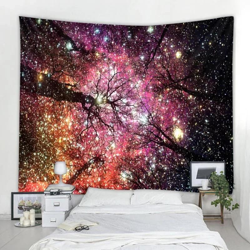 Starry Sky Forest Tapestry Moonlight Night Psychedelic Bohemian Tapestry Home Decor Wall Hanging Living Room Art Background