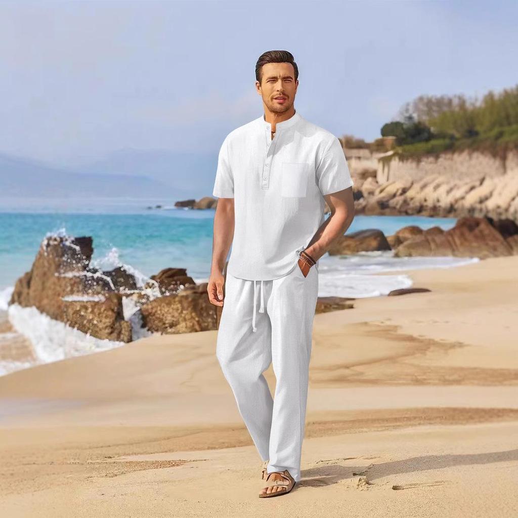 Pánská ležérní bavlněno-lněná souprava Jaro/Léto 2025: Volná košile s krátkým rukávem a dlouhé kalhoty