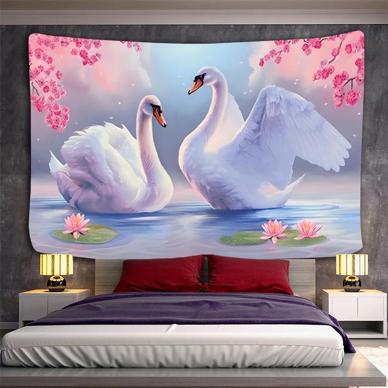 Swans Couples Tapestry Animals Birds Tapestry Romantic Aesthetic Love Tapestry Wall Hanging for Bedroom Living Room Dorm Decor