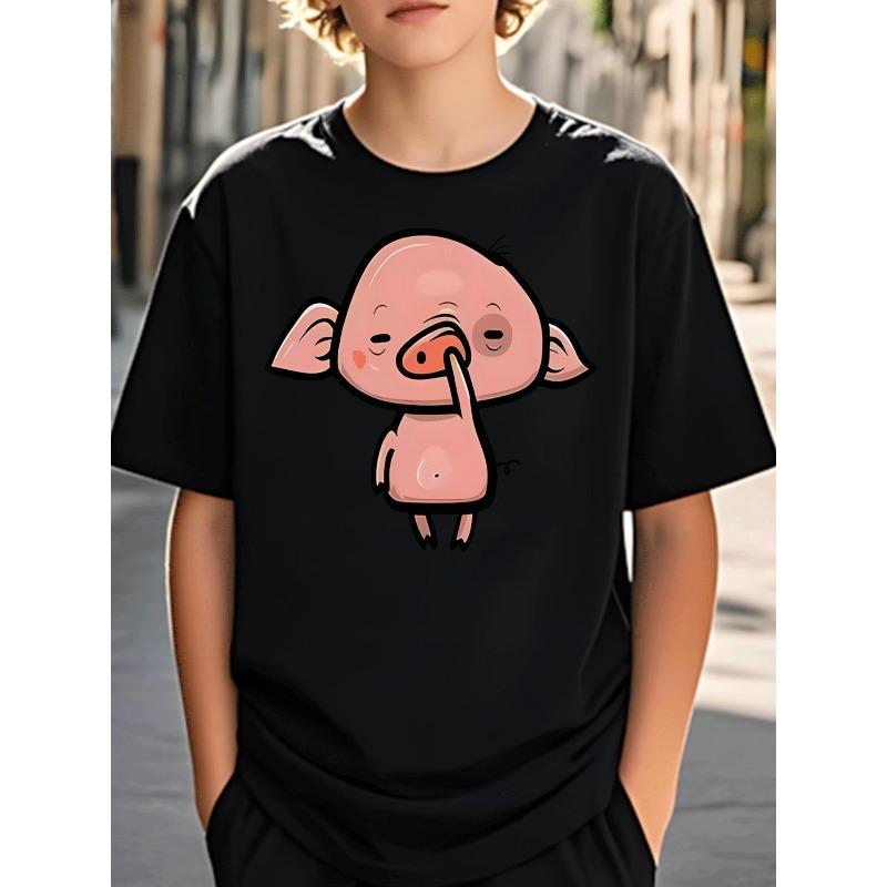 European Sizes Round Neck Boys Clothing Casual Trendy Cartoon Pig Picking Nose Pattern T - Shirt Kids Wear for Boys Street Style Casual Wear