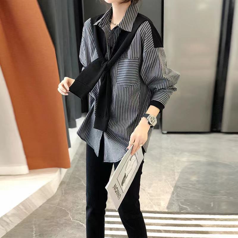 Women's Black and Gray Striped Top Shirt Fashionable and Versatile Style Design