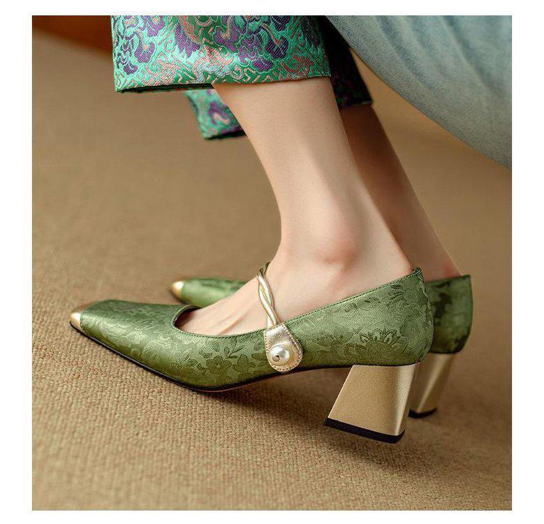 Dámské jarní Mary Jane lodičky s jedním páskem a barevným blokováním - Robustní perlový podpatek, Čtvercová špička, Nový čínský styl, Inspirované Francií.