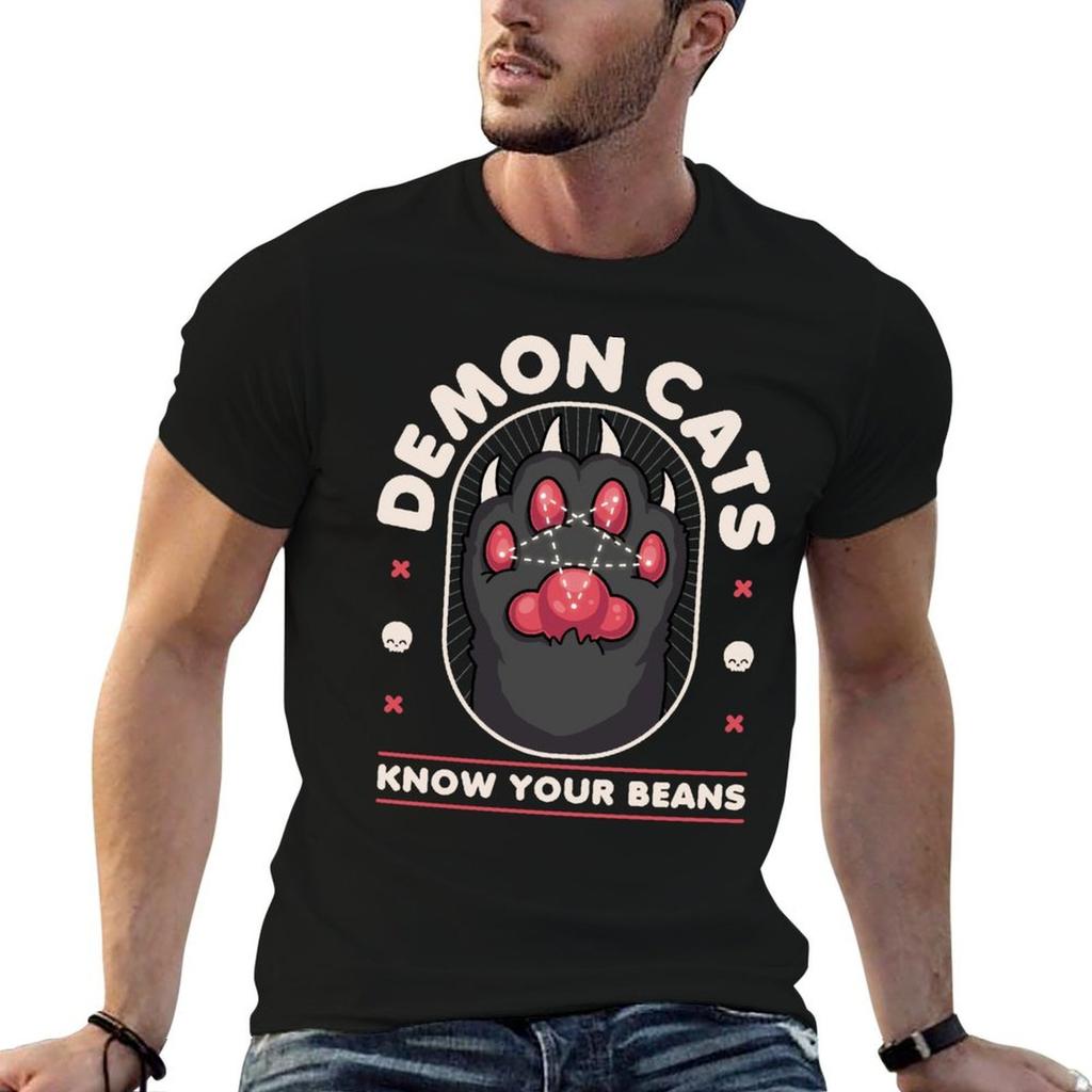 Demon Cats Know Your Beans - Kawaii Krypt T-Shirt Casual Loose Short Sleeve Tee for Men