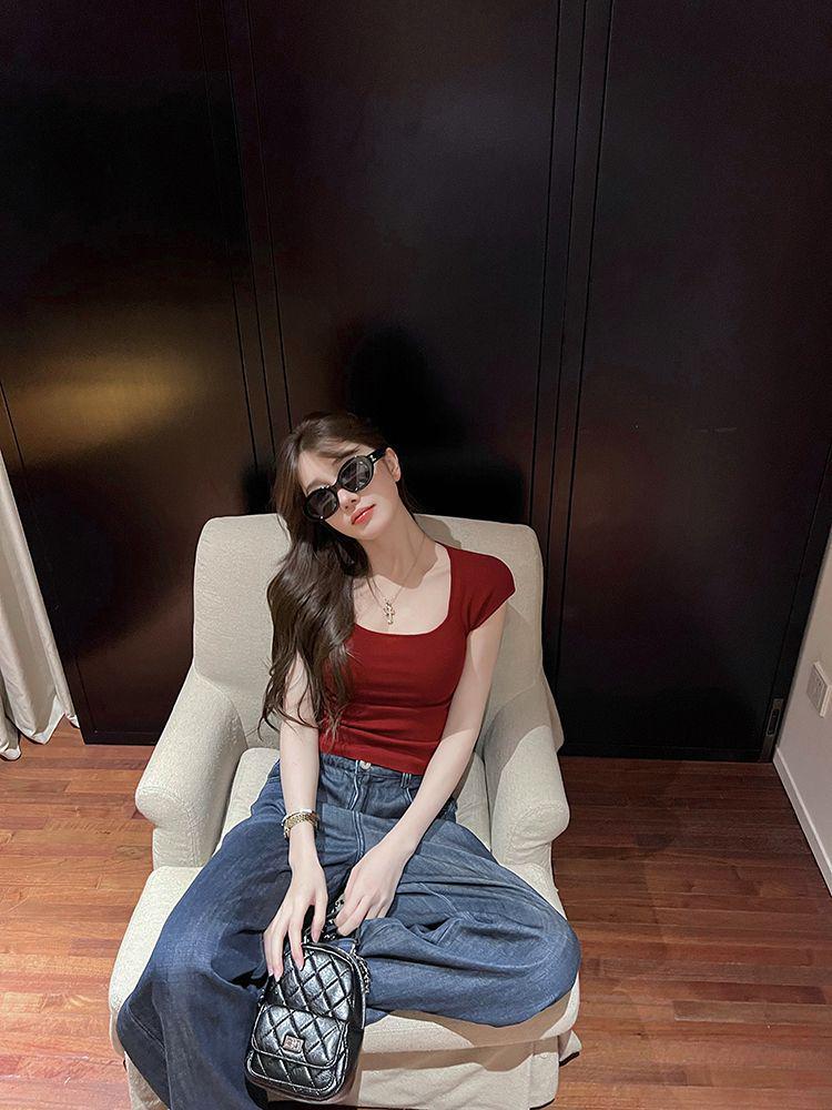 2025 Summer Women's Square Neck Short Sleeve Knit T-Shirt: Spicy Slimming Base Top