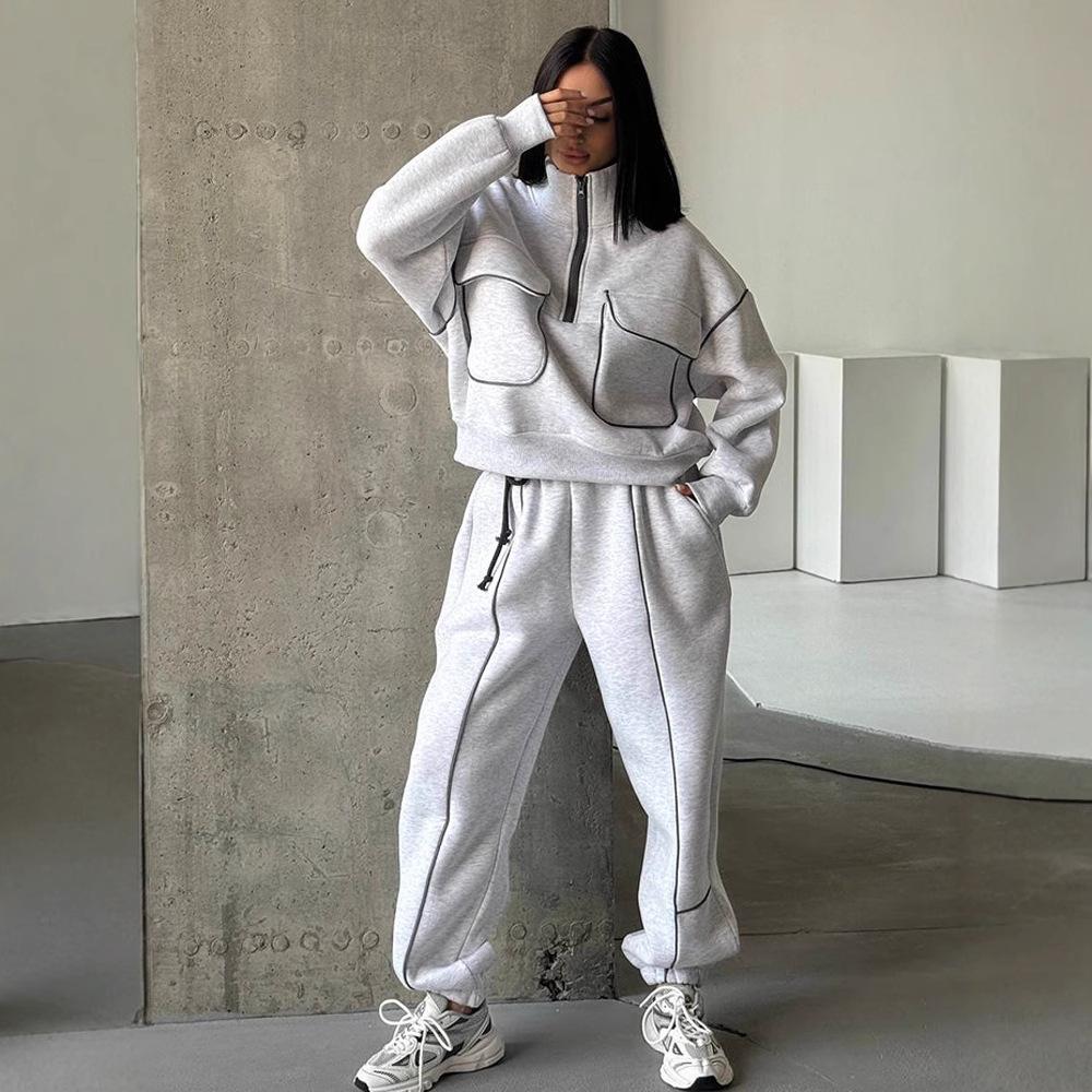 Autumn and Winter Casual Suit Women's Fashion Street Style Sweater Sports Suit Half Open Pocket Jumper Trousers Women