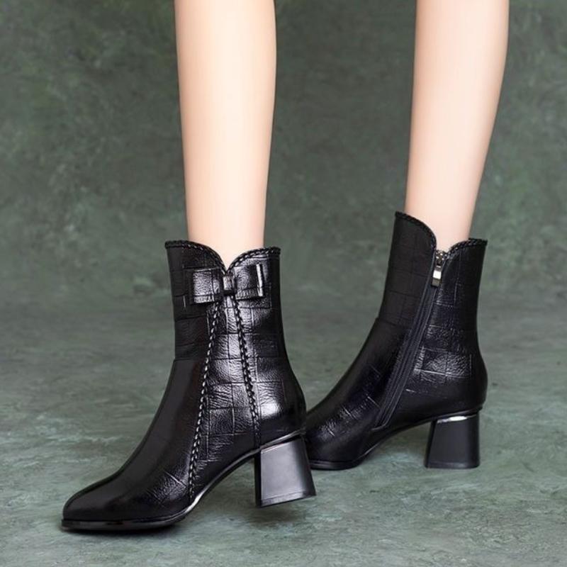 Fashion British Style Black Middle Heel Women's Half High Boots on Offer Sale Gothic Comfortable and Elegant Chic Ladies Mid Calf Shoes