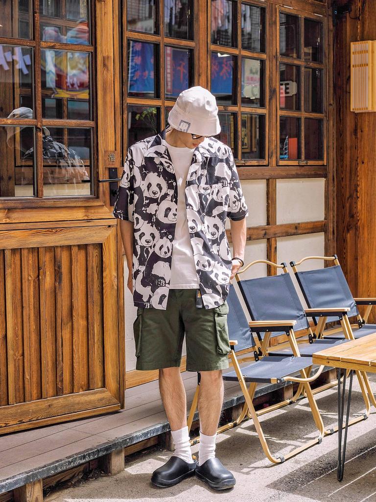 CHANGE WELL 2023SS Fashion Summer Panda Print Print Casual Short Sleeve Aloha Shirt Men's Open-Collar All-Over Loose-Fit (White, XL)