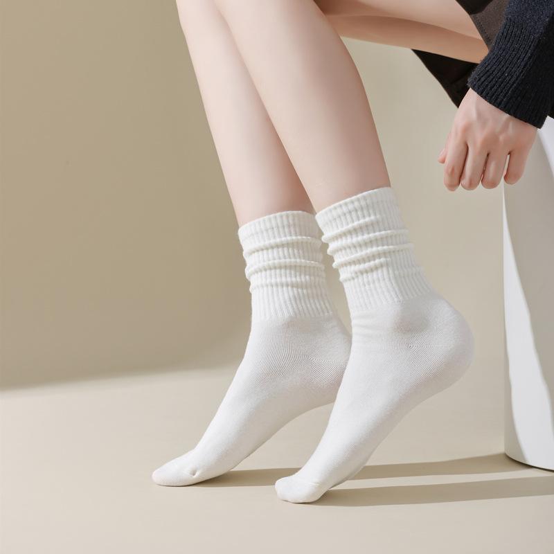 BMW New Spring/autumn Women's Mid-calf Socks, Pure Cotton Solid Color Versatile Knee-high Socks, Scrunch Socks, White Long Socks