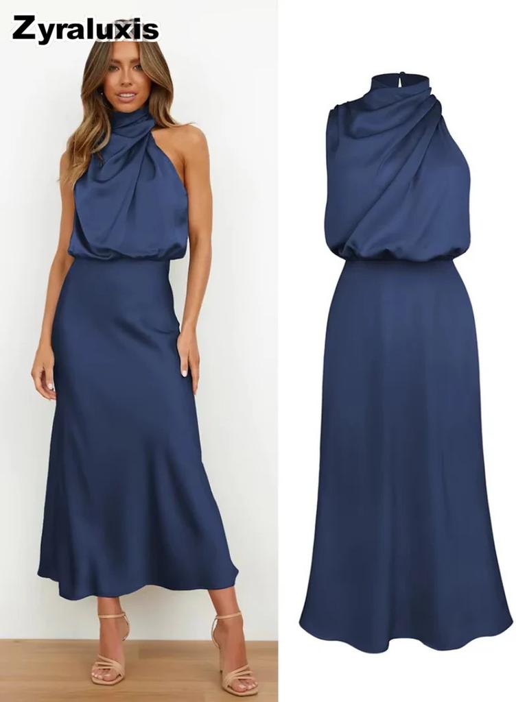 Luxury Satin Sleeveless Dress for Women - Elegant Evening Gown for Spring/Summer Collection