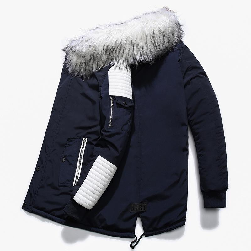 Men's Long Cotton Coat with Big Fur Collar, Thickened, 2018 Fashion.