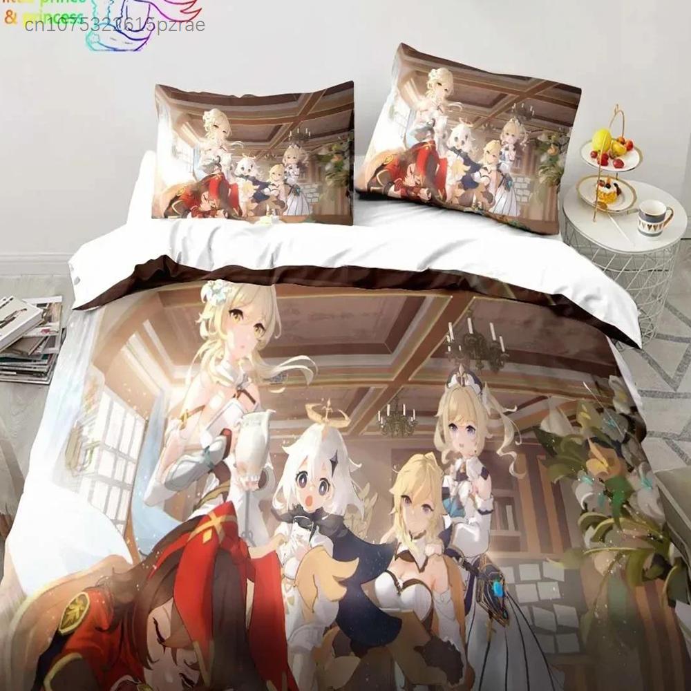 Genshin Impact Anime Povlečení 3D Potisk Vhodné do Ložnice Sada Povlaků na Peřinu s Povlaky na Polštáře Dětský Domácí Textil