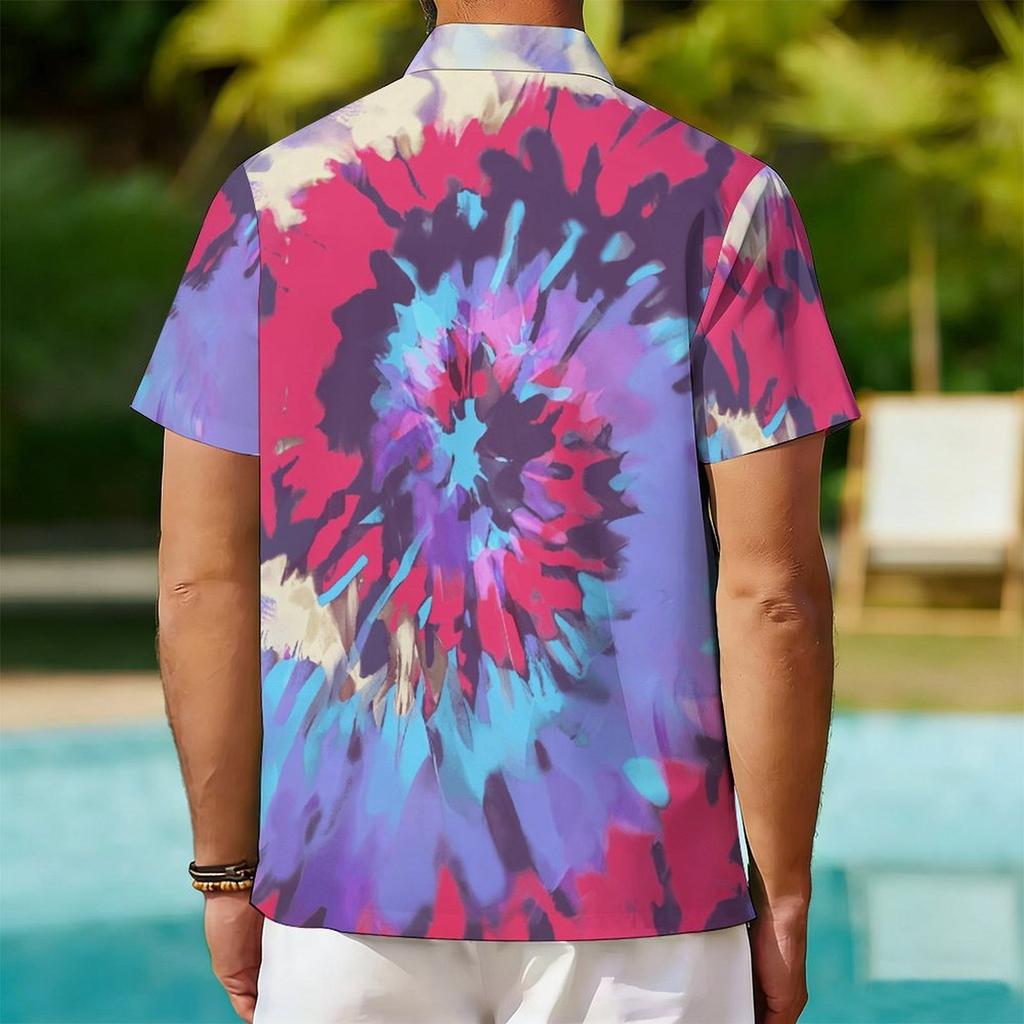 Women Short Sleeve Shirt Red Purple Cyan Spiral Tie Dye Print Lapel Button Up Top