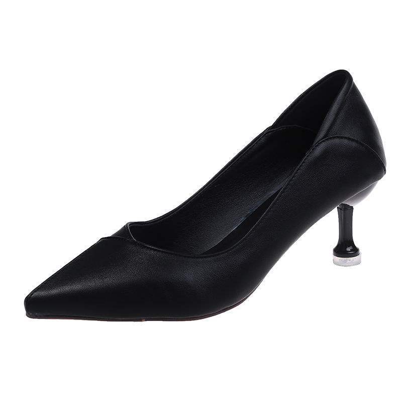 3Cm Not Tired Feet High Heels Annual Thin Heel 5cm Pointed Soft Leather Middle Heel Single Shoes Shallow Mouth Work Shoes