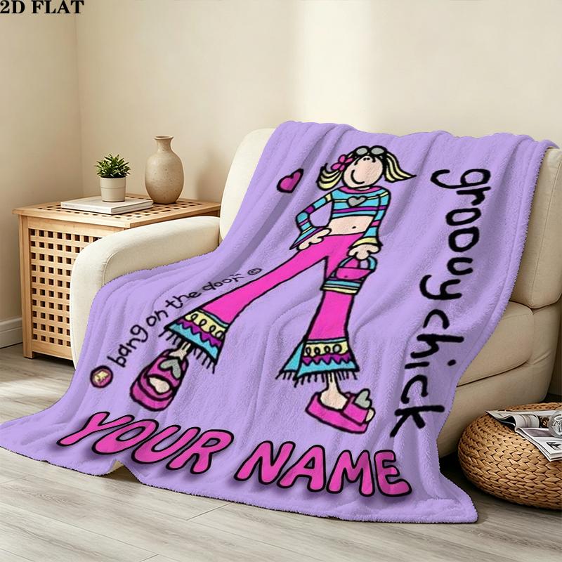 Custom Name Groovy Chick Print Flannel Blanket, High quality Comfortable for All Seasons, Home Decor, Warmth and Comfort, Perfect for Christmas Gifts