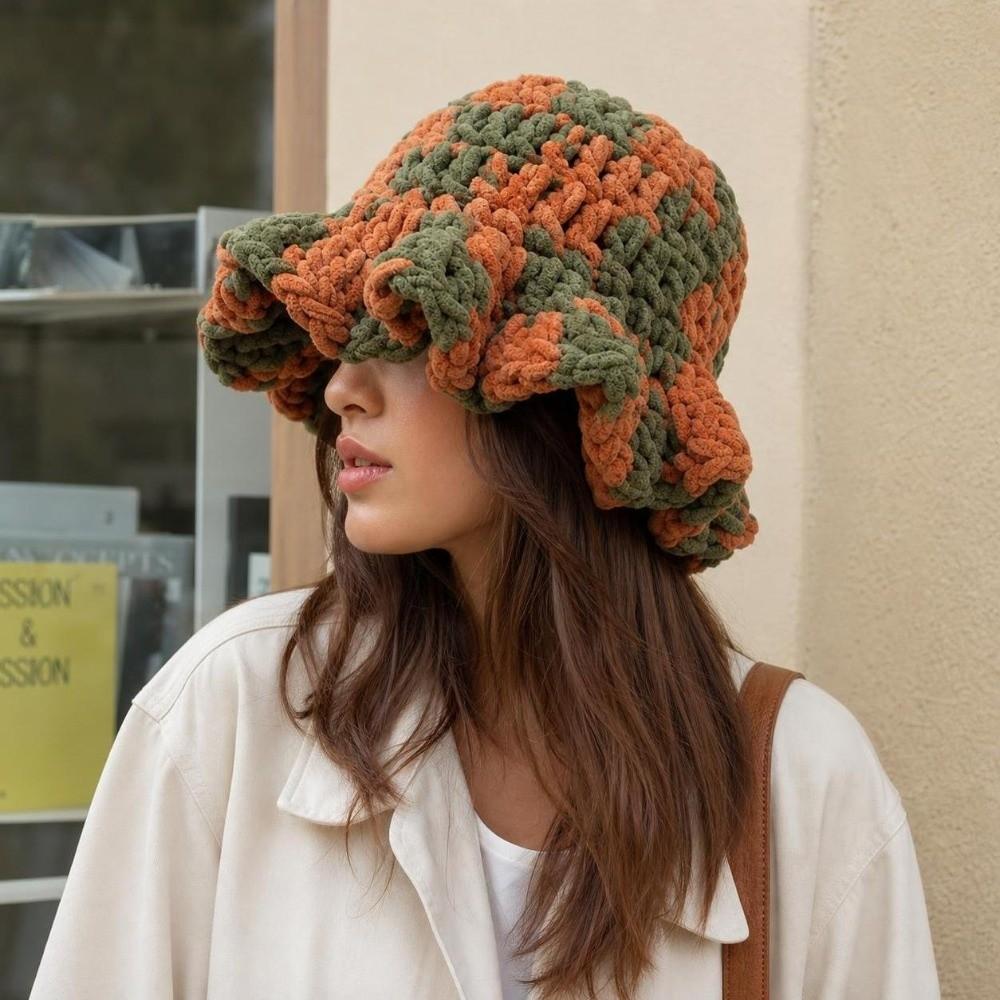Sweet Ruffled Edge Fisherman Hat Cable Knit Winter Warm Bucket Hat Windproof Knitted Beanie  Women