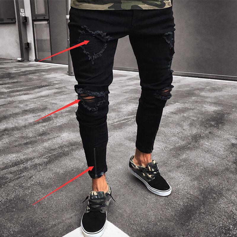 Black Hole Stretch Zipper Men's  In Europe and The United States Trend Small Leg Pants Plus Size