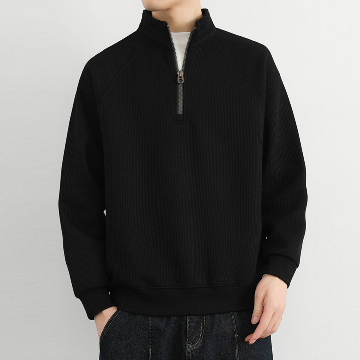 

Half-chain Stand-up Collar Sweater Men s Spring and Autumn Loose Solid Color Bottoming Shirt Outer Wear Casual Jacket Men S чорний