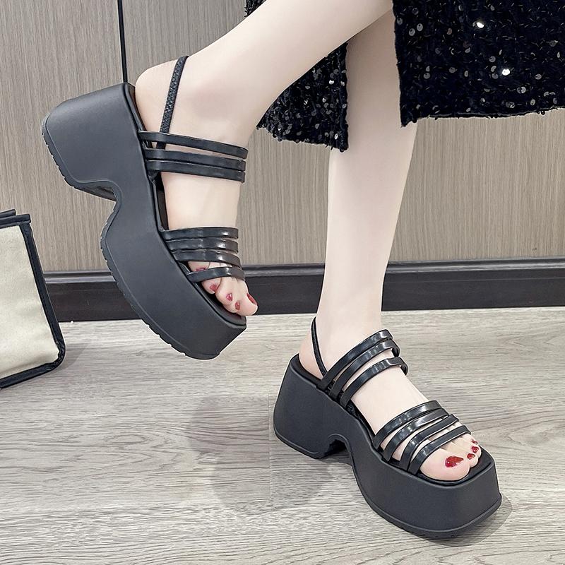 Silver Wedge Sandals Women Platform Shoes Black Belt High Heels Gladiator Chunky Heeled  Summer Wedges Zapatos De Mujer