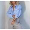 Spring New Arrival Women's Clothing Long Sleeves Lapel Versatile Casual Loose Inner Wear Bandage Dress Tops Blue and White Stripes Shirt
