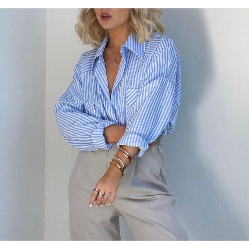 Spring New Arrival Women's Clothing Long Sleeves Lapel Versatile Casual Loose Inner Wear Bandage Dress Tops Blue and White Stripes Shirt