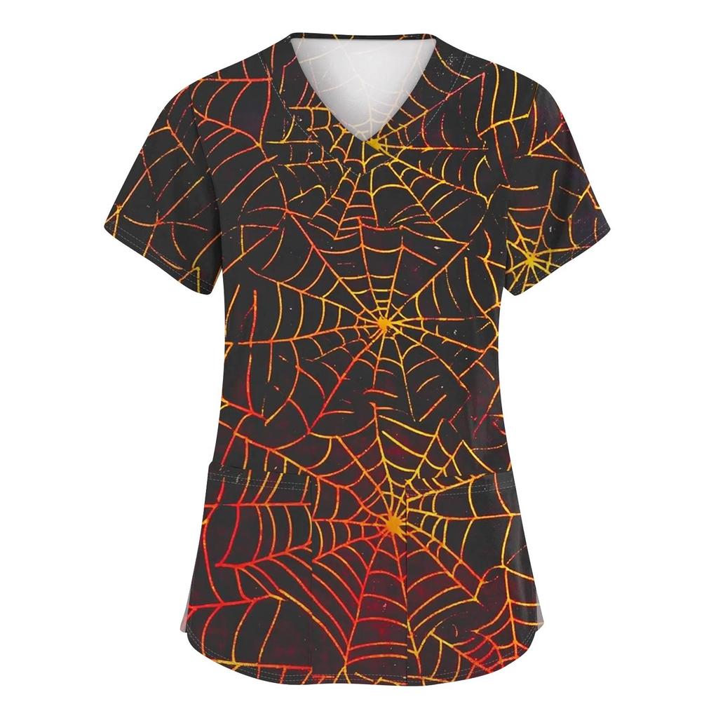 Women's Fashion V-neck Short-sleeved Work Uniform With Pockets, Halloween Print Top