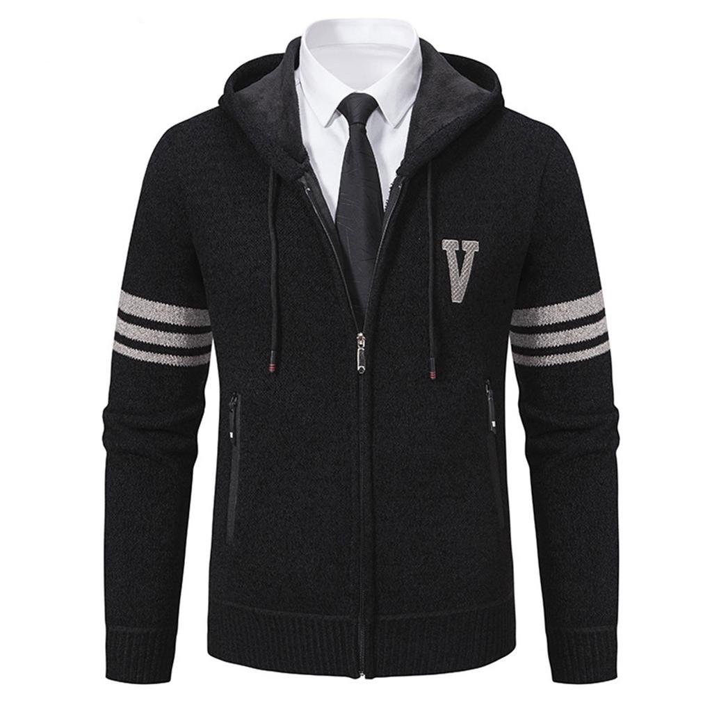 Herren Einfarbig Lässiger Pullover Strickjacke Jacke Herren Kapuzenplüsch Verdickte Pulloverjacke