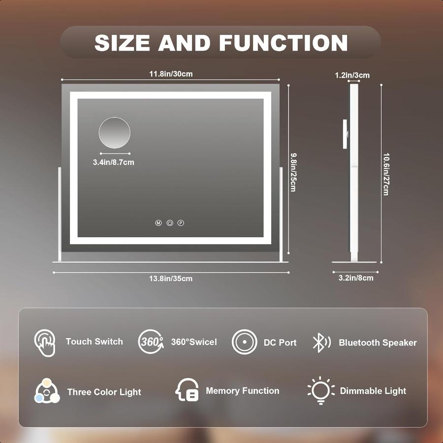 

Косметическое зеркало с подсветкой и Bluetooth-динамиком 13,8 x 10,6 Светодиодное зеркало для макияжа Зеркало с подсветкой с 10-кратным увеличением Смарт-касание United States