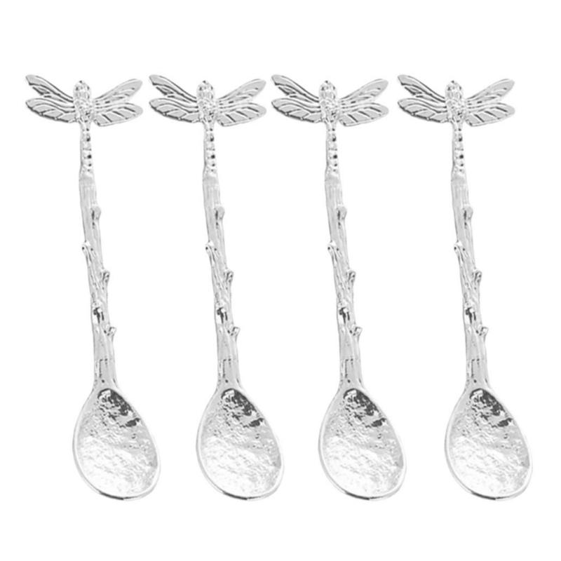 4Pcs Long Handle Creative Dessert Tableware Unique Dragonflies Kitchen Spoons for Stirring Sugar Dessert Cake Serving серебряный